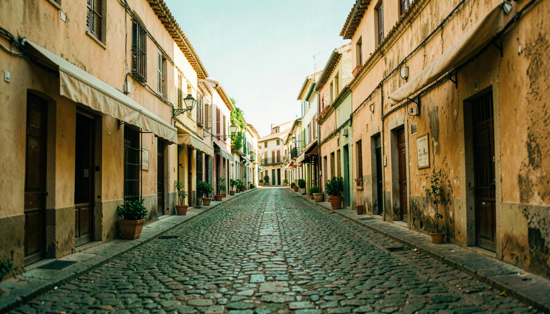 Calle empedrada del casco historico de Barbastro al mediodia, con fachadas en tonos arena y ocre y toldos suaves, atmosfera serena y luminosa.