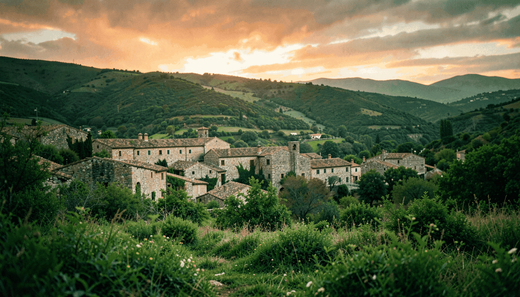 Panoramica suave al atardecer de Barbastro con tejidos de piedra y colinas verdes del Somontano al fondo, tonos calidos en el cielo y vegetacion fresca en primer plano, atmosfera tranquila y acogedora.