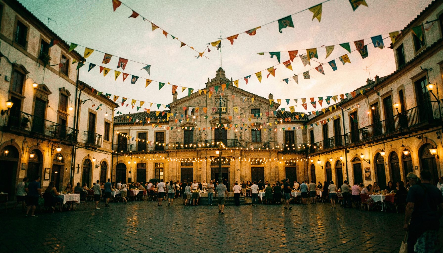PlazaMayor deBarbastro engalanada con banderines y luces de verbena al atardecer, ambiente cálido y festivo en tonos dorados y naranjas