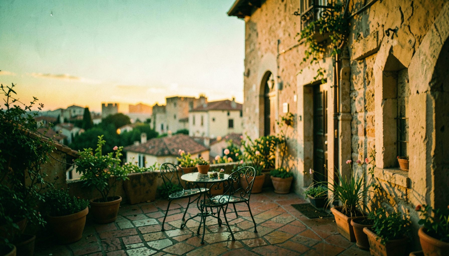 Terraza soleada junto a un casco histórico de tonos cálidos, ambiente tranquilo al atardecer